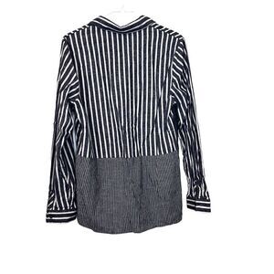 Chloe & Katie Striped Patchwork Linen Blend Button Up Shirt Navy Large